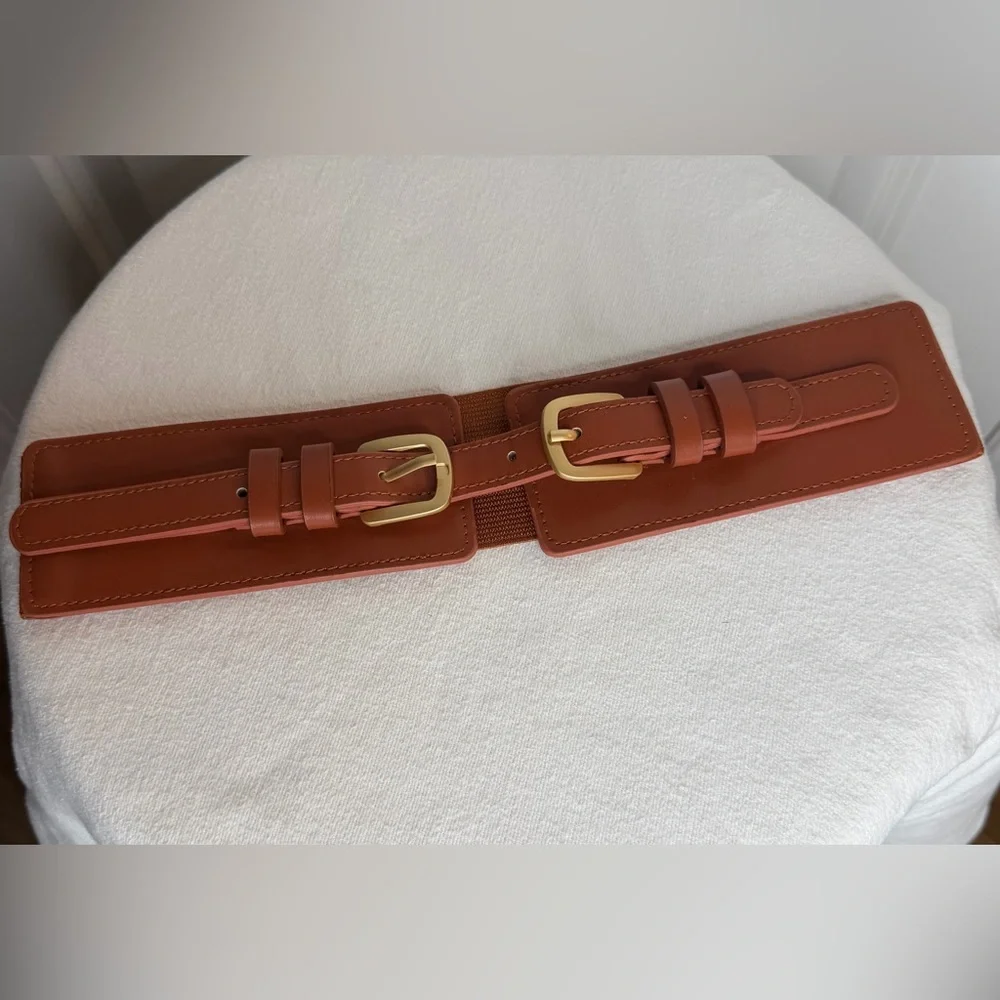Boho Double Buckle‎ Stretch Waist Belt Faux Leather